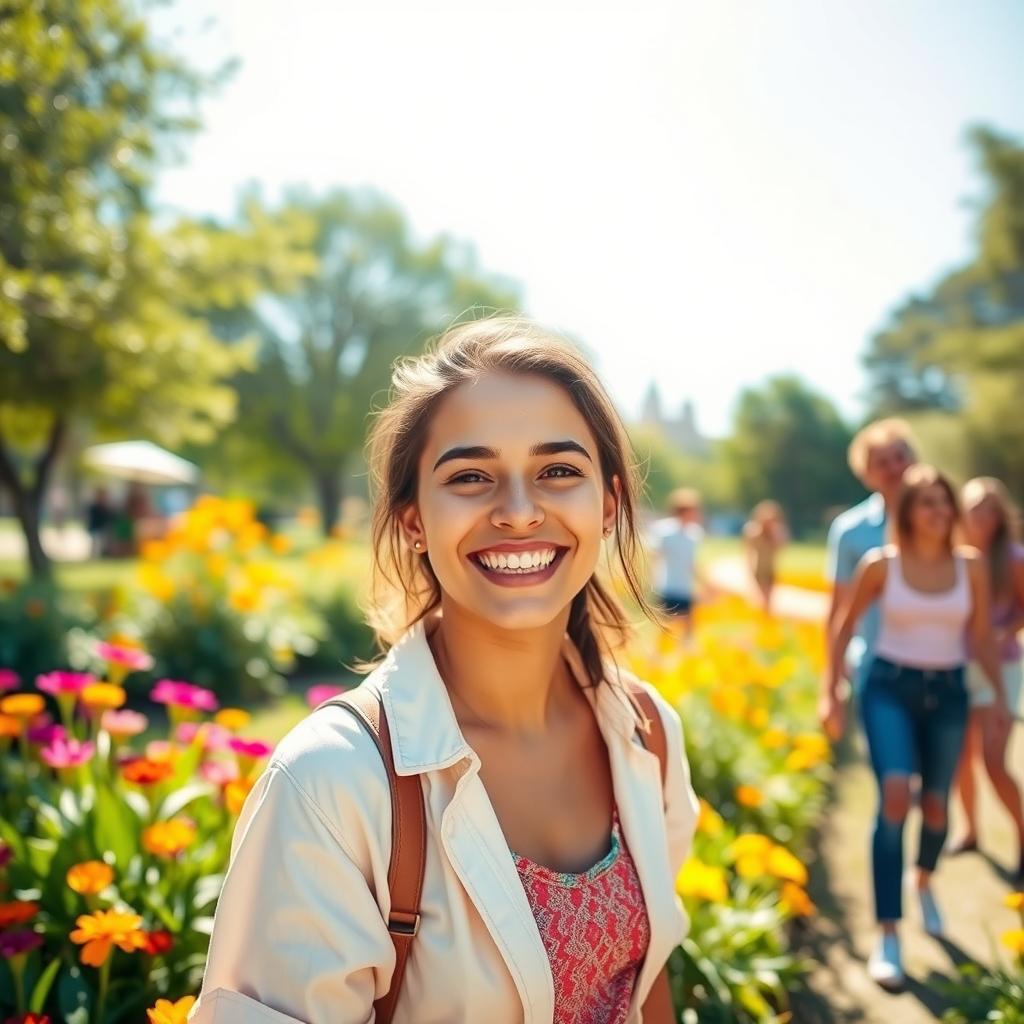 A vibrant and cheerful profile picture for a social media account, featuring a young adult with a big smile, enjoying a sunny day in a lively park