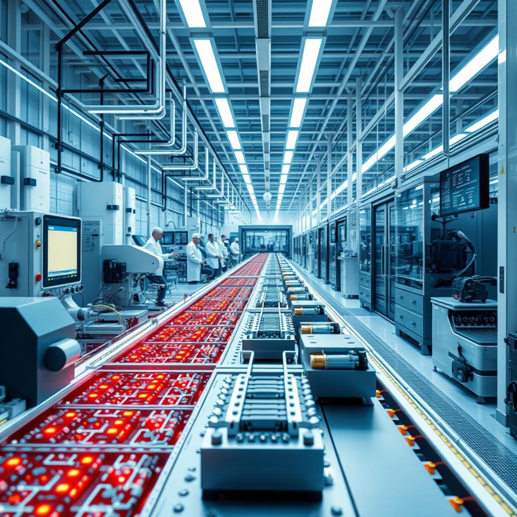 Design a modern and elegant scene focused on lithium-ion technologies, incorporating a manufacturing aspect
