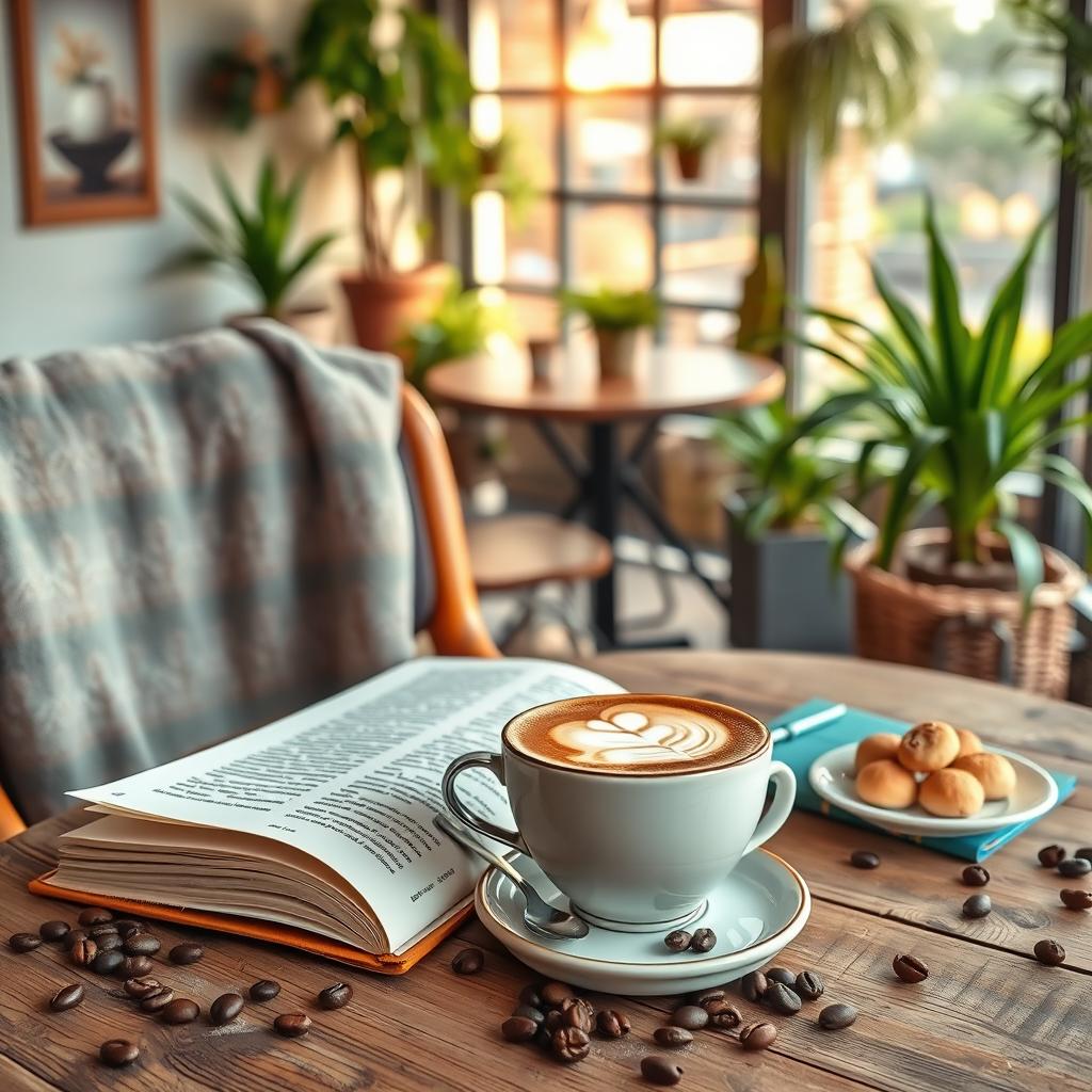 A cheerful and inviting image for a social media profile, featuring a beautifully arranged scene with a cozy book and a steaming cup of coffee