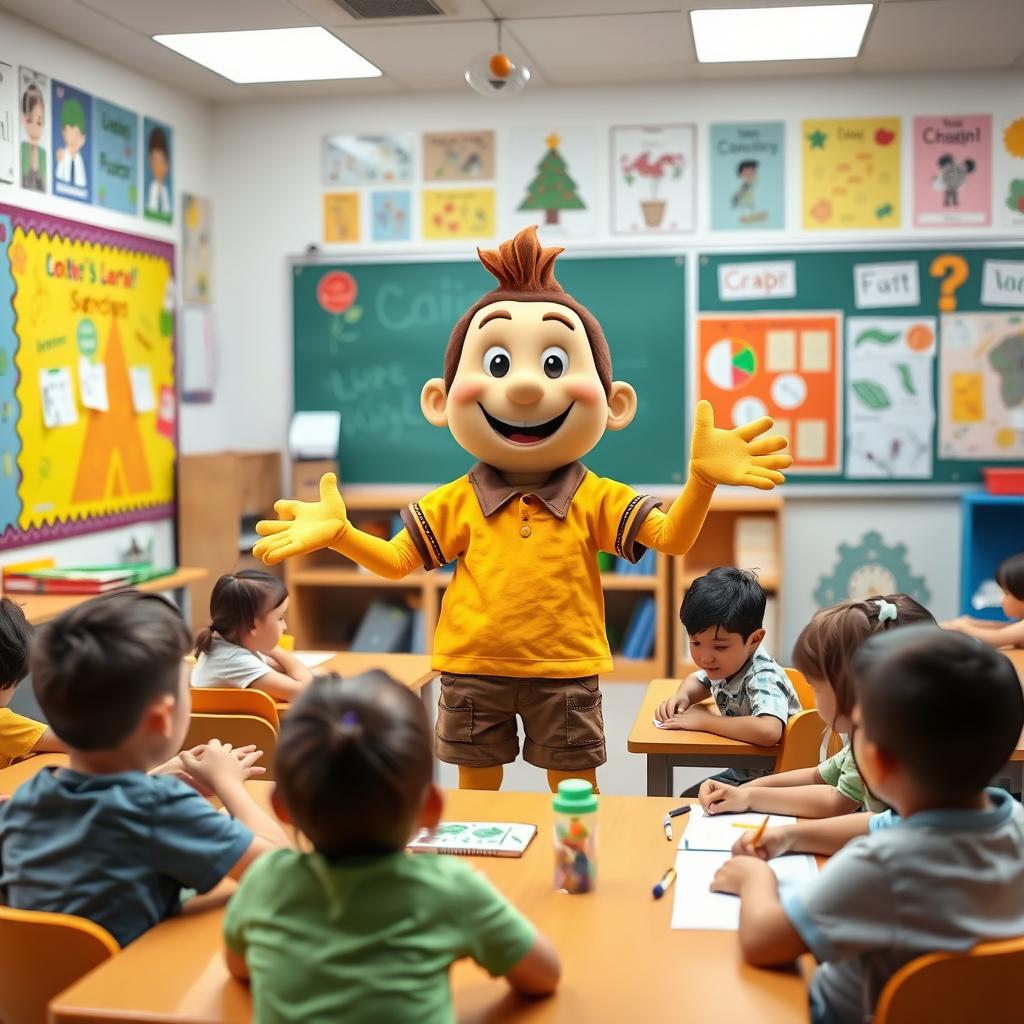 A cheerful character named Caio, representing a student mascot in a vibrant classroom setting