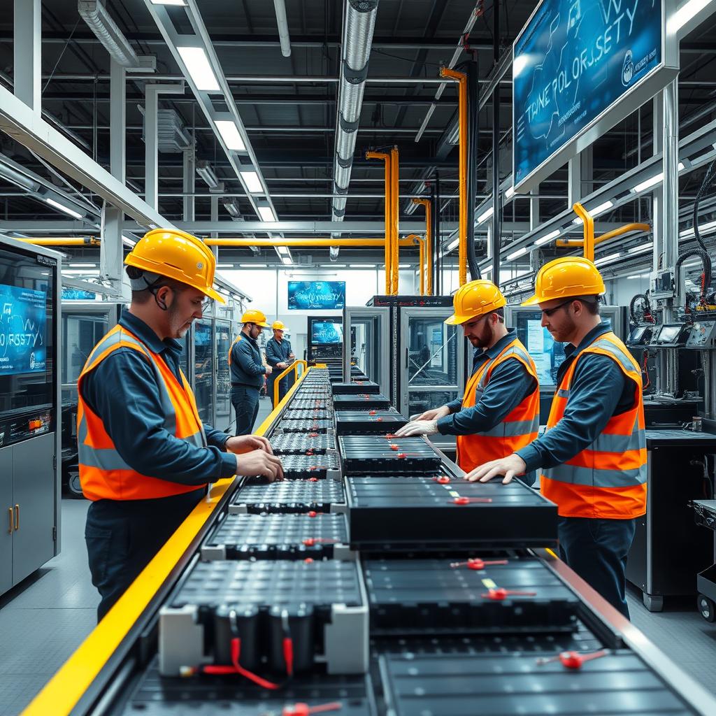 Design a modern and elegant scene focused on lithium-ion technologies, incorporating a manufacturing aspect featuring workers of Slavic descent
