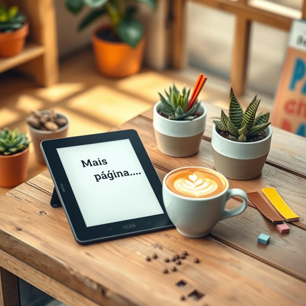 A cheerful and stylish profile picture for a social media account featuring an eBook and a cup of coffee