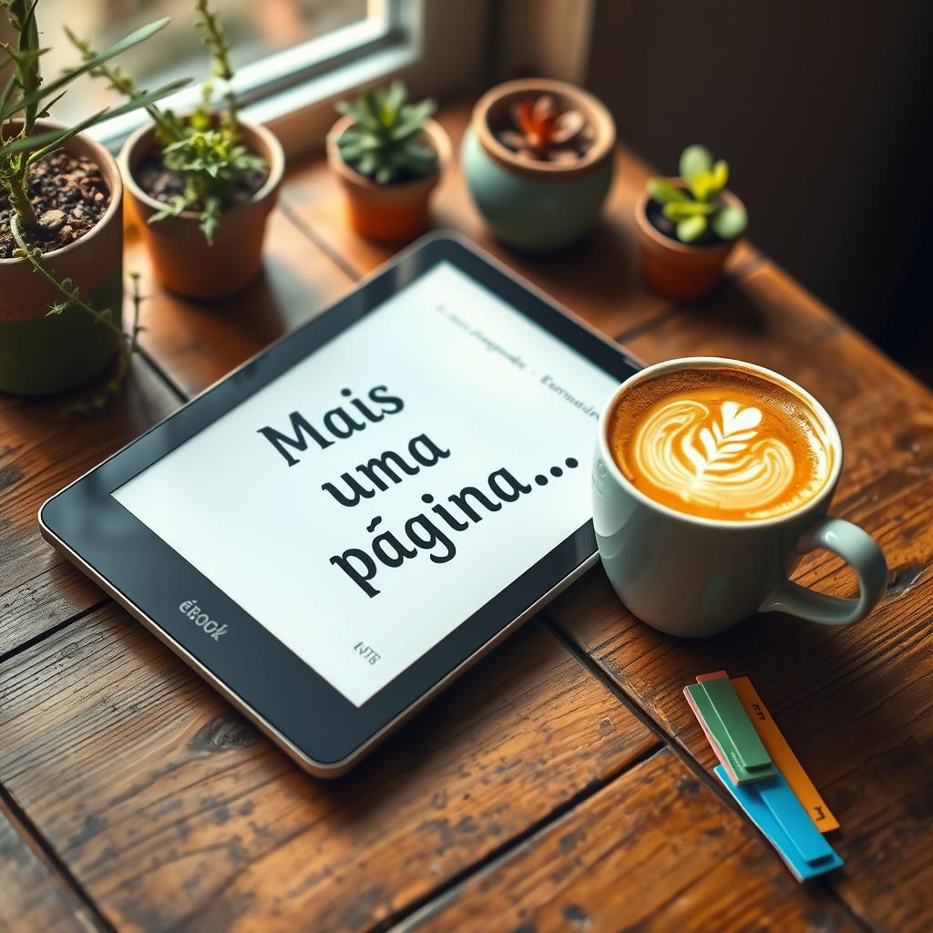 A lively and cheerful image for a social media profile featuring an eBook and a cup of coffee