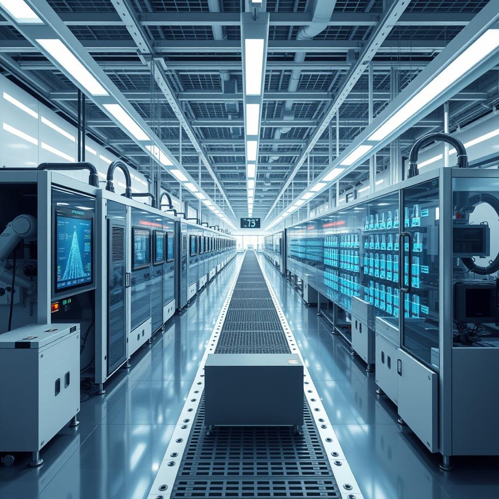 Design a modern and elegant scene focused on lithium-ion technologies and biotechnology, incorporating a manufacturing aspect without any workers present
