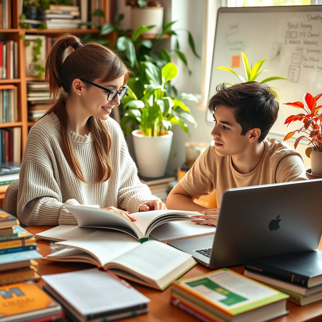 A college girl and a boy studying together in a cozy, well-lit room filled with books and study materials