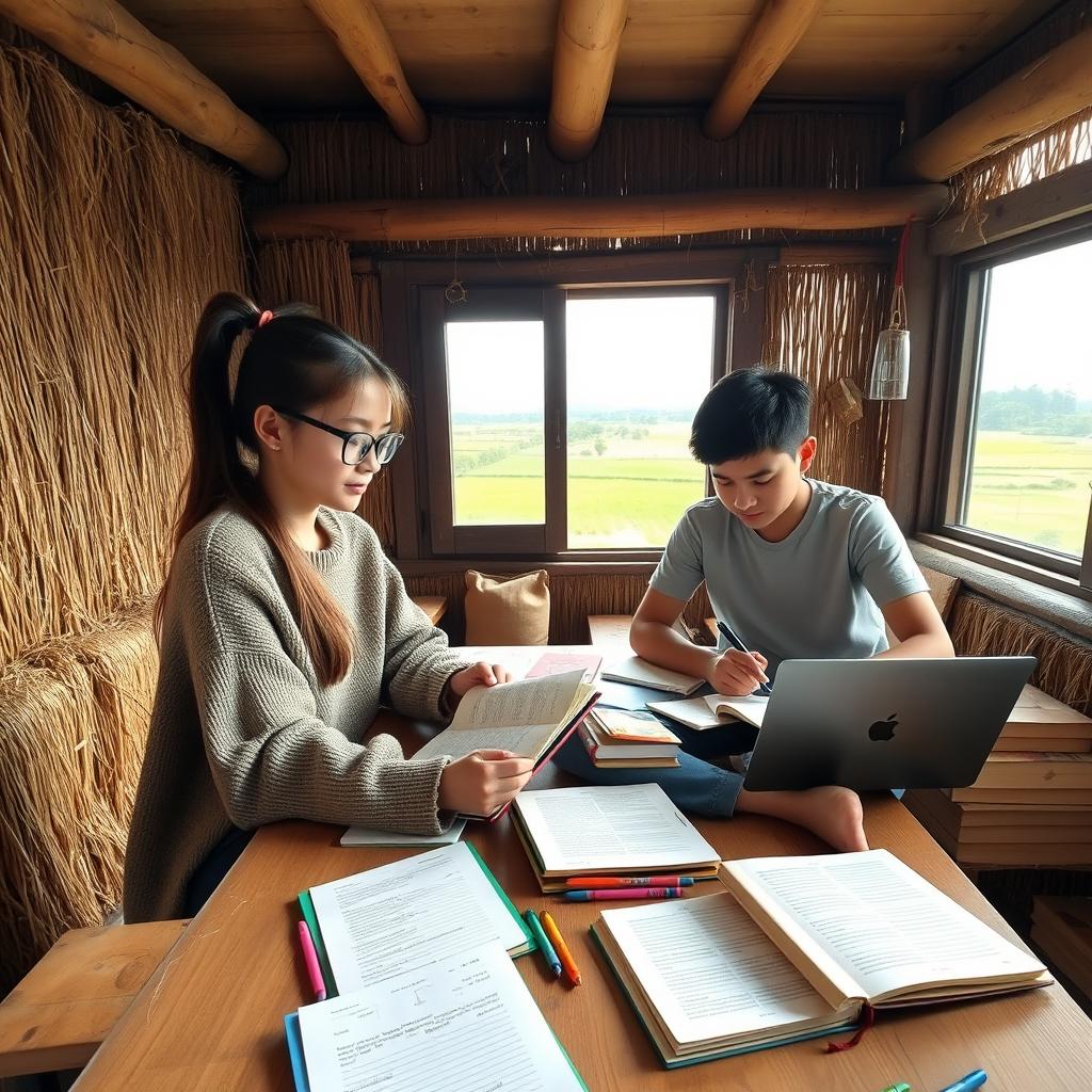 A college girl and a boy studying together in a rustic rural room filled with books and study materials