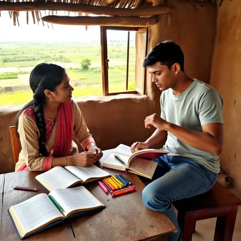 A college Indian girl and an Indian boy studying together in a rustic rural room