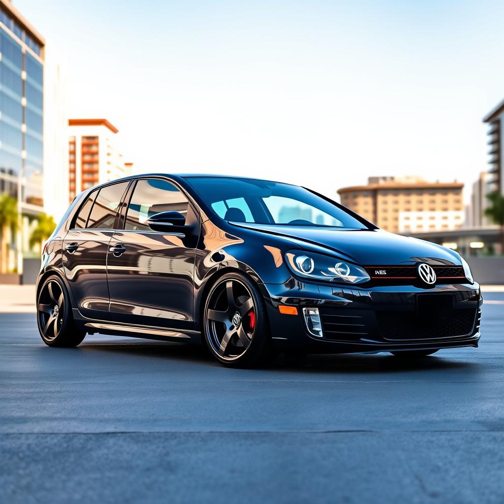 A sleek black Volkswagen Golf Mk6 parked elegantly in an urban setting, featuring distinctive 18-inch alloy wheels that enhance its sporty appearance