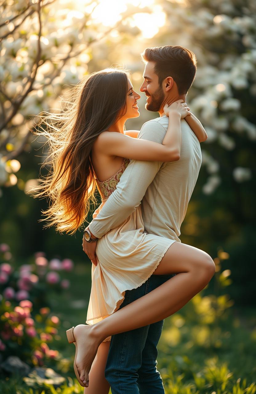 A romantic scene featuring a couple, where the woman has her legs affectionately wrapped around the man's waist