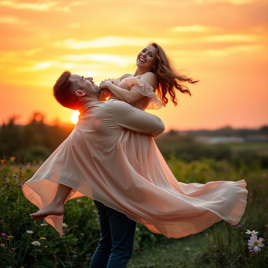 A beautifully captured moment of a couple in a romantic embrace, where the man is lifting the woman off the ground