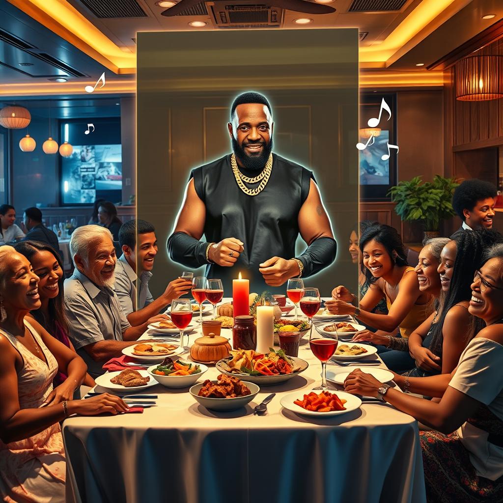 A vibrant scene depicting a restaurant setting where a hologram of Mr