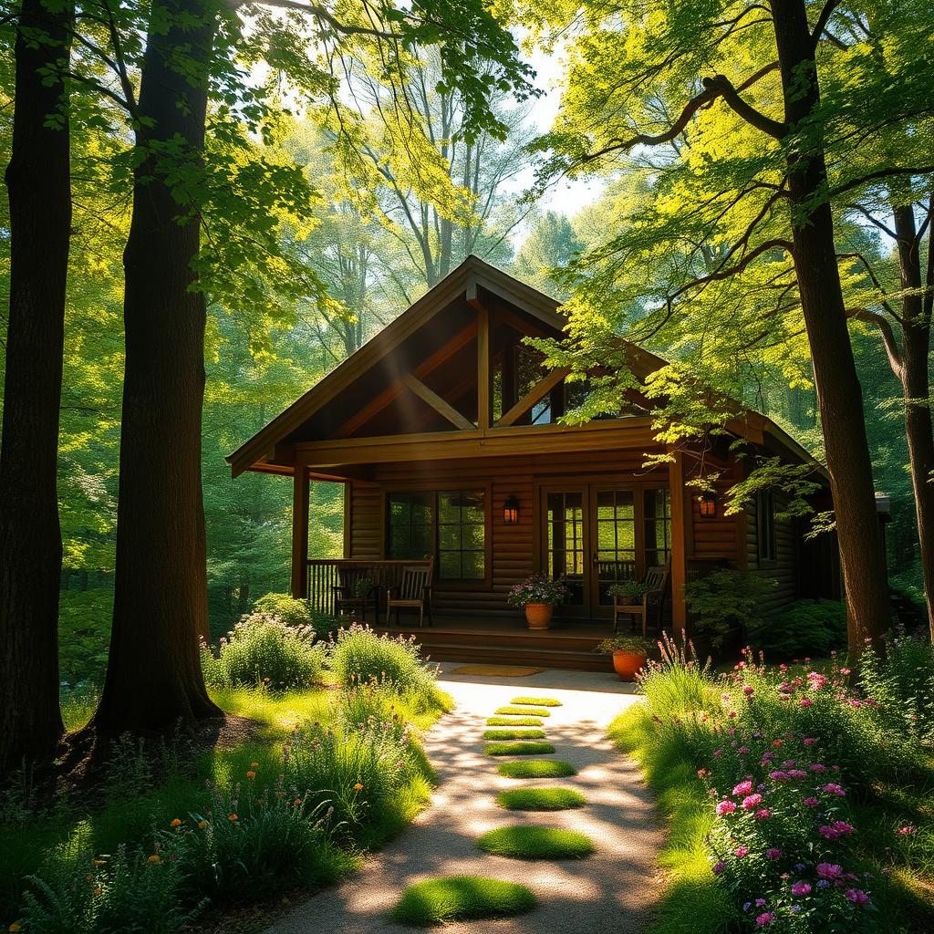A cozy home nestled in a lush green forest, bathed in warm sunlight
