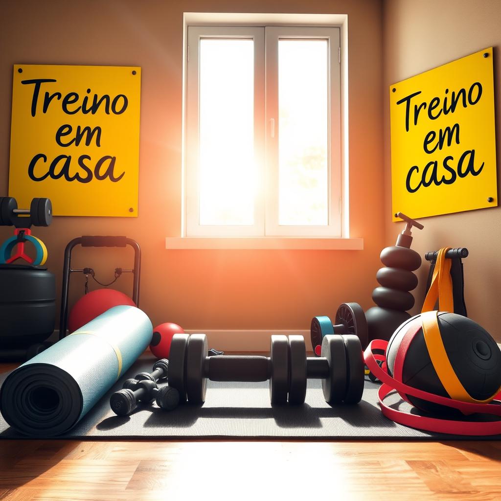 A vibrant and energetic home gym scene featuring various workout equipment such as dumbbells, a yoga mat, and resistance bands arranged neatly
