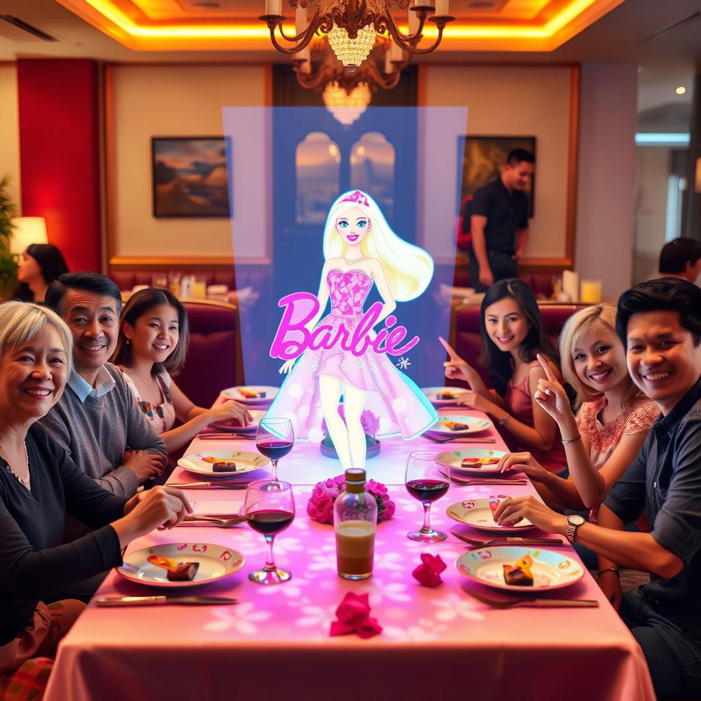 A vibrant and lively restaurant scene featuring a hologram of Barbie projected on top of a beautifully set dining table