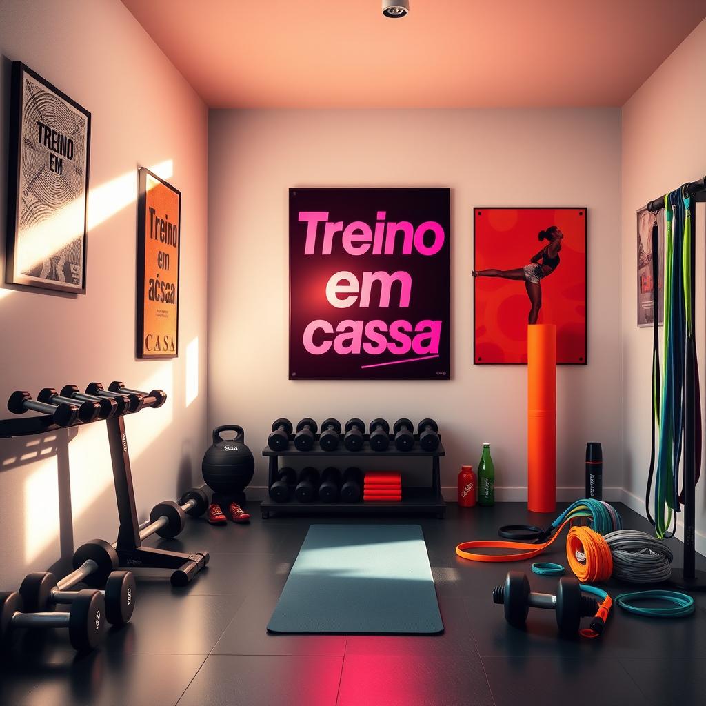 A dynamic and inviting home gym scene showcasing various workout equipment such as dumbbells, a yoga mat, and resistance bands, all arranged in an aesthetically pleasing layout