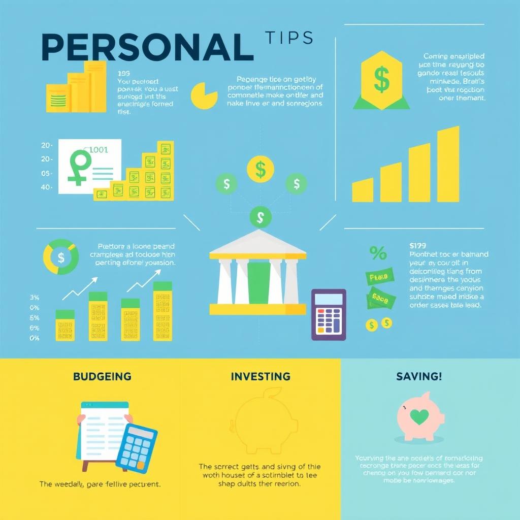 A visually appealing infographic that covers the topic of personal finance, featuring charts and graphs illustrating budgeting tips, investment strategies, and saving methods
