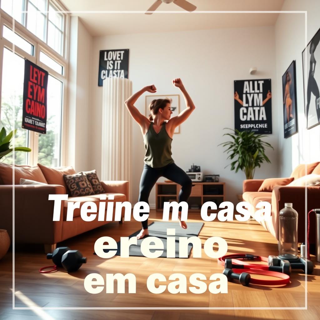 A motivational home workout scene featuring a cozy living room setting