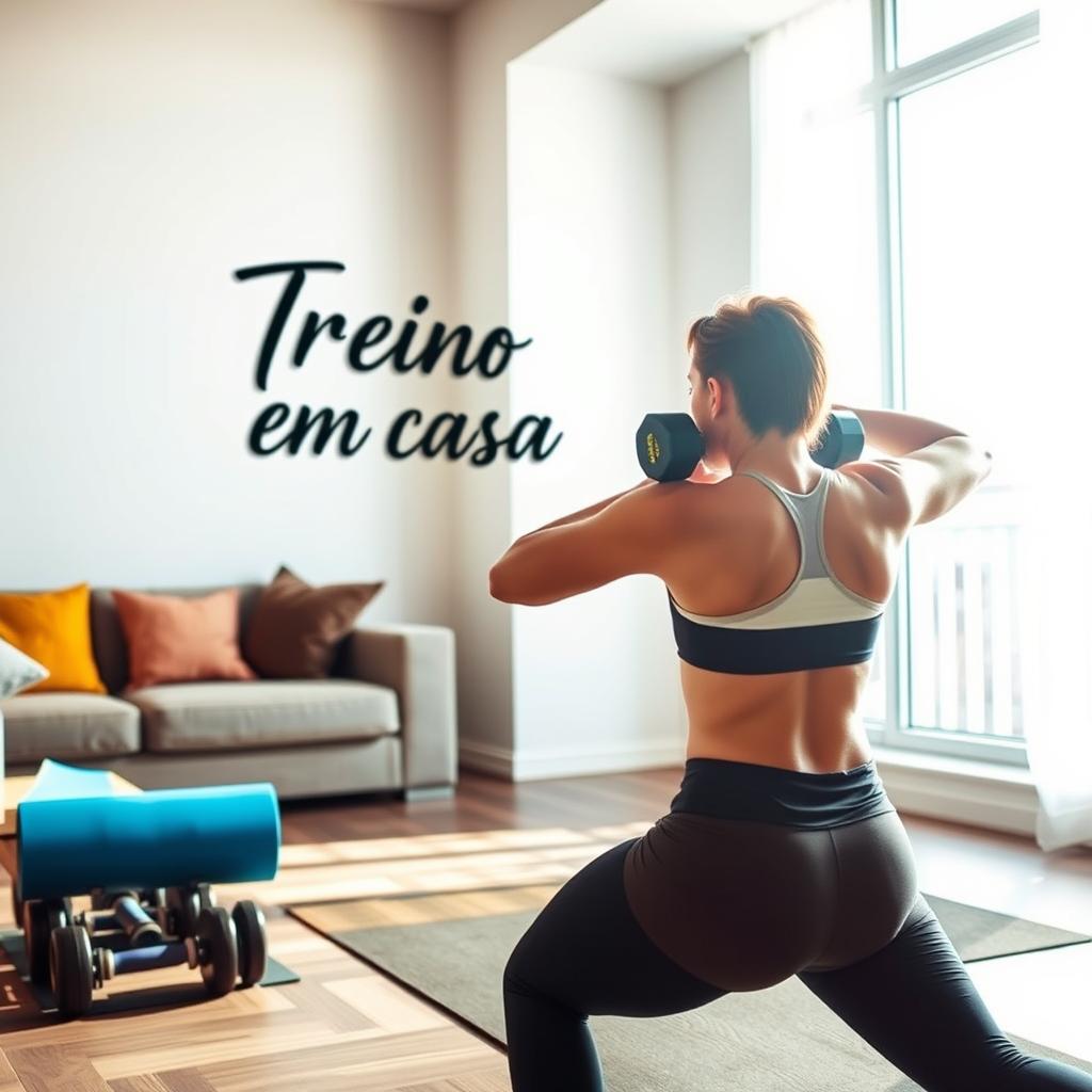 An inspiring home workout scene with a person performing exercises in a brightly lit living room