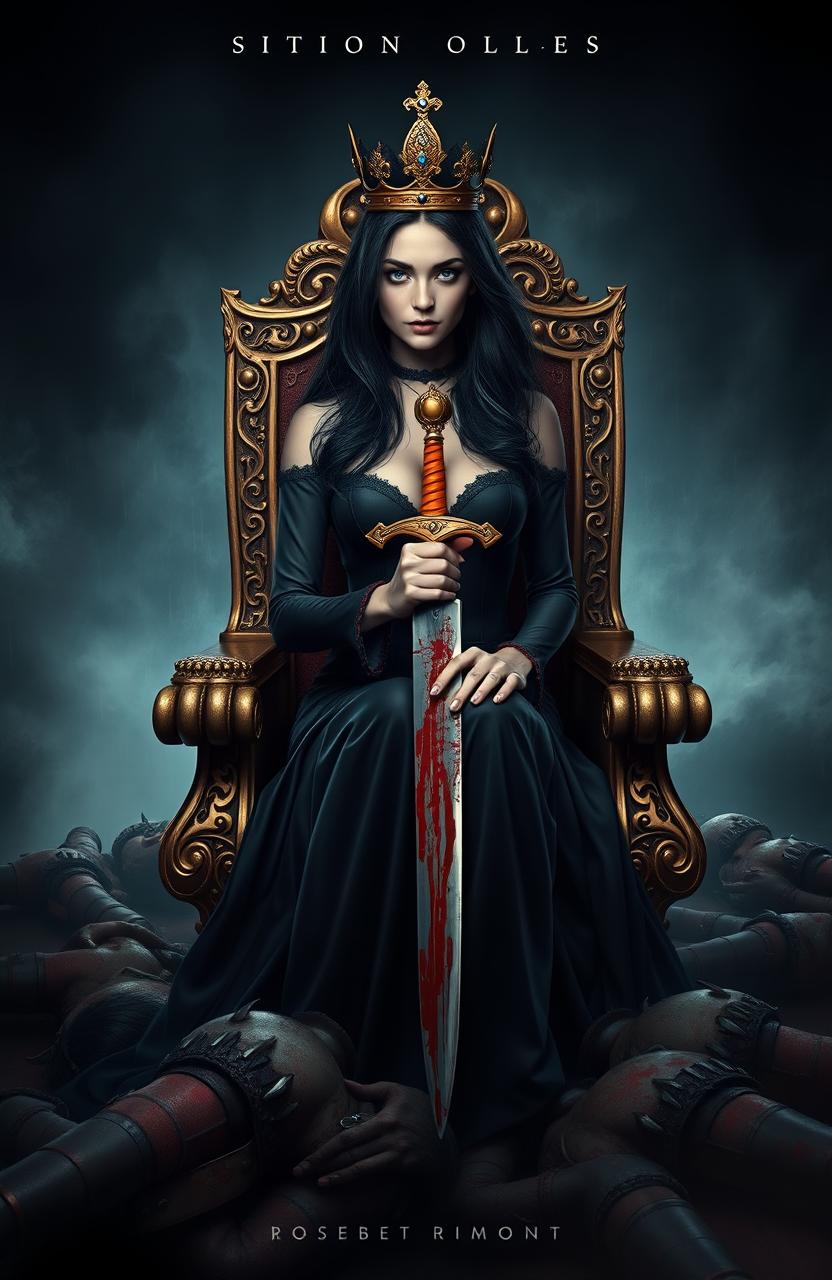 A striking book cover design featuring a female figure with long black hair and sapphire jeweled blue eyes, dressed in an elegant black outfit