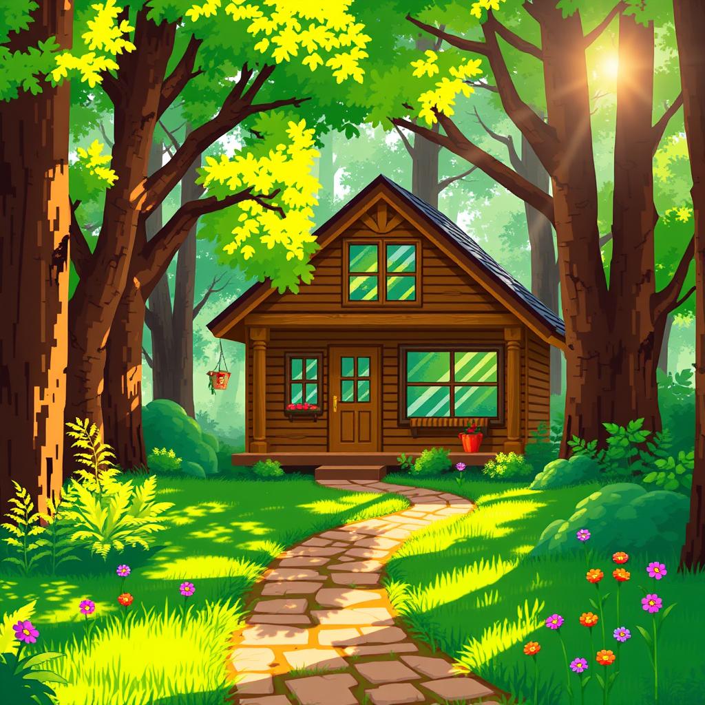A pixel art cozy home nestled in a vibrant green forest, illuminated by bright sunlight