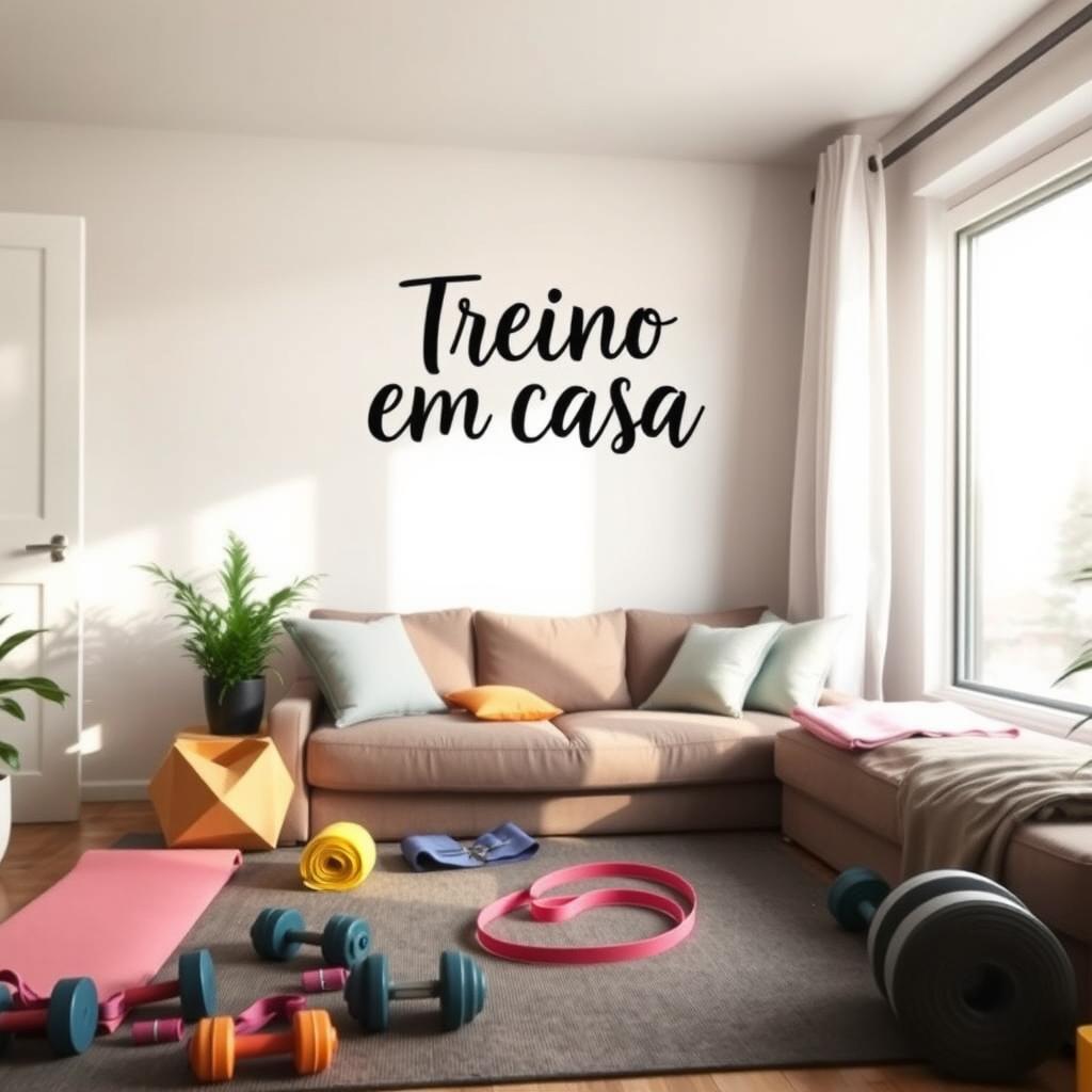 An inviting and motivational home workout scene featuring a cozy living room filled with fitness equipment like dumbbells, yoga mats, and a resistance band