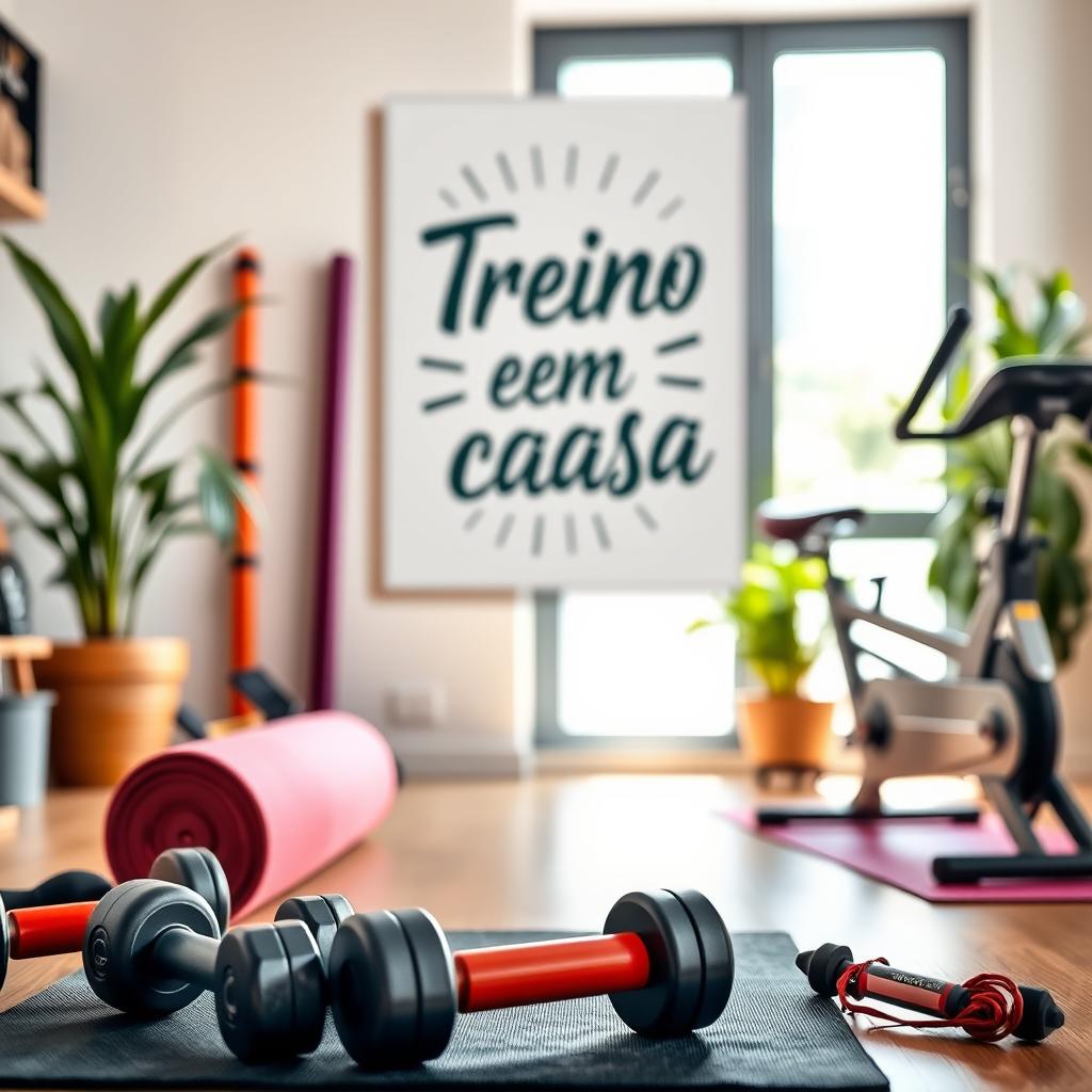 A visually inspiring home workout scene featuring various exercise equipment such as dumbbells, a yoga mat, and a stationary bike