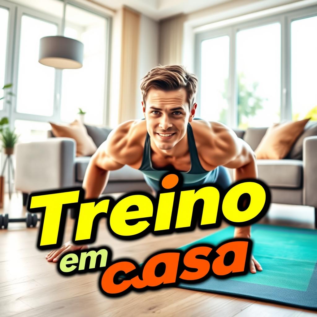 A motivational and vibrant home workout scene with a fit person exercising in a modern living room