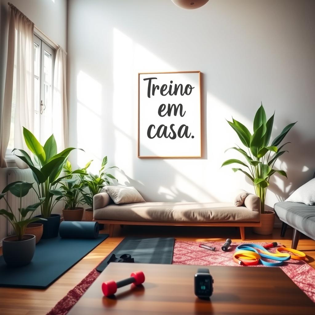 A cozy home workout scene showcasing a well-equipped living room