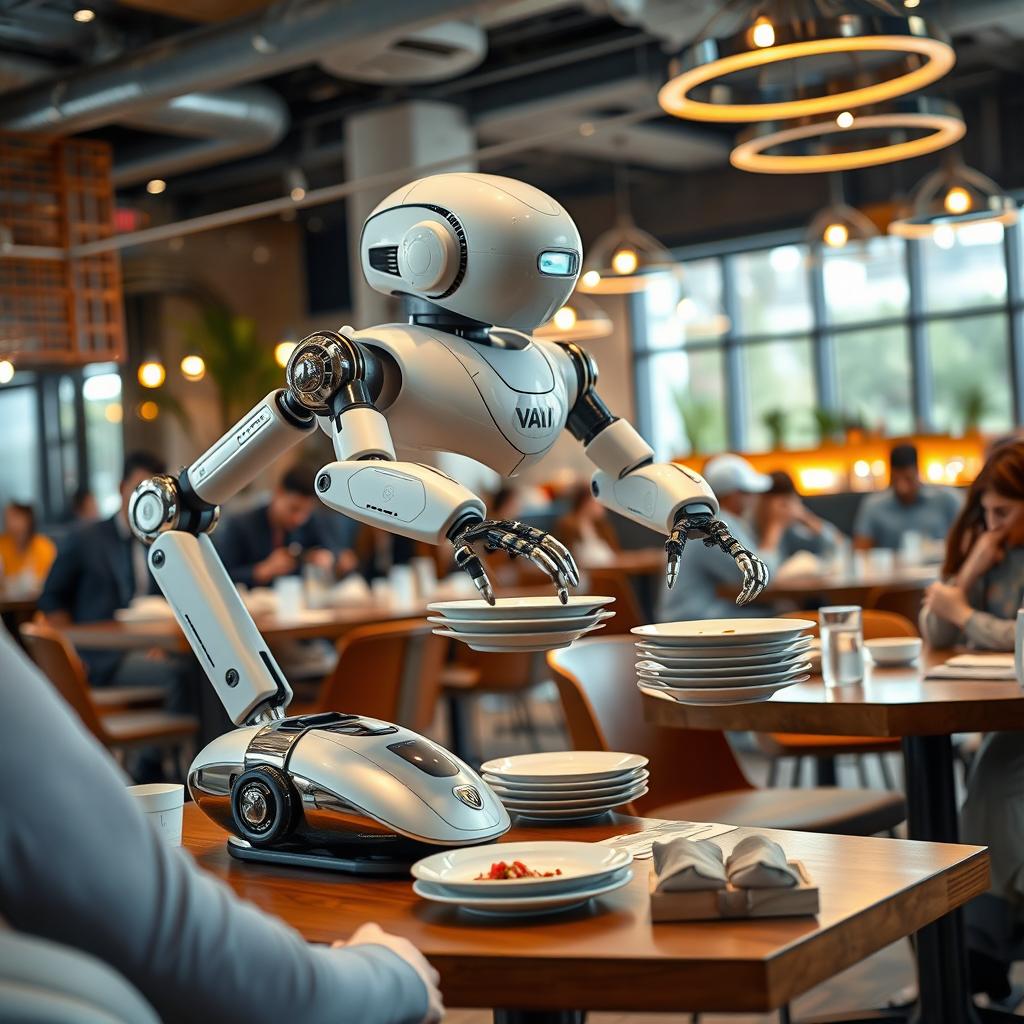 A futuristic AI-operated machine gracefully picking up dirty plates from restaurant tables