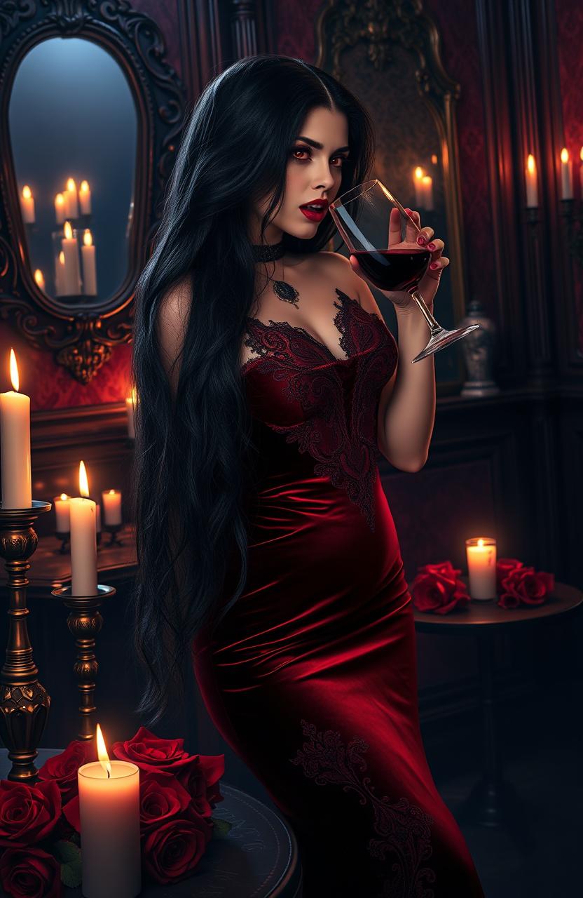 An enchanting scene featuring a captivating vampire woman with long, flowing black hair and striking crimson red eyes, tasting a ruby red wine in an opulent, candlelit setting