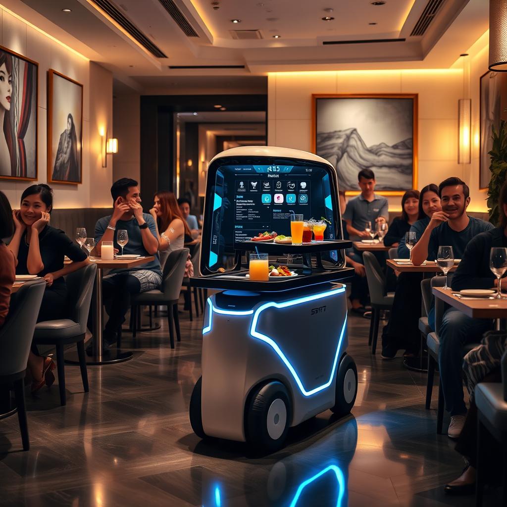 A futuristic scene of an AI-operated machine delivering food and drinks to restaurant tables