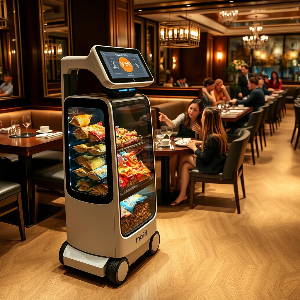 An AI-operated machine designed for delivering snacks to restaurant tables