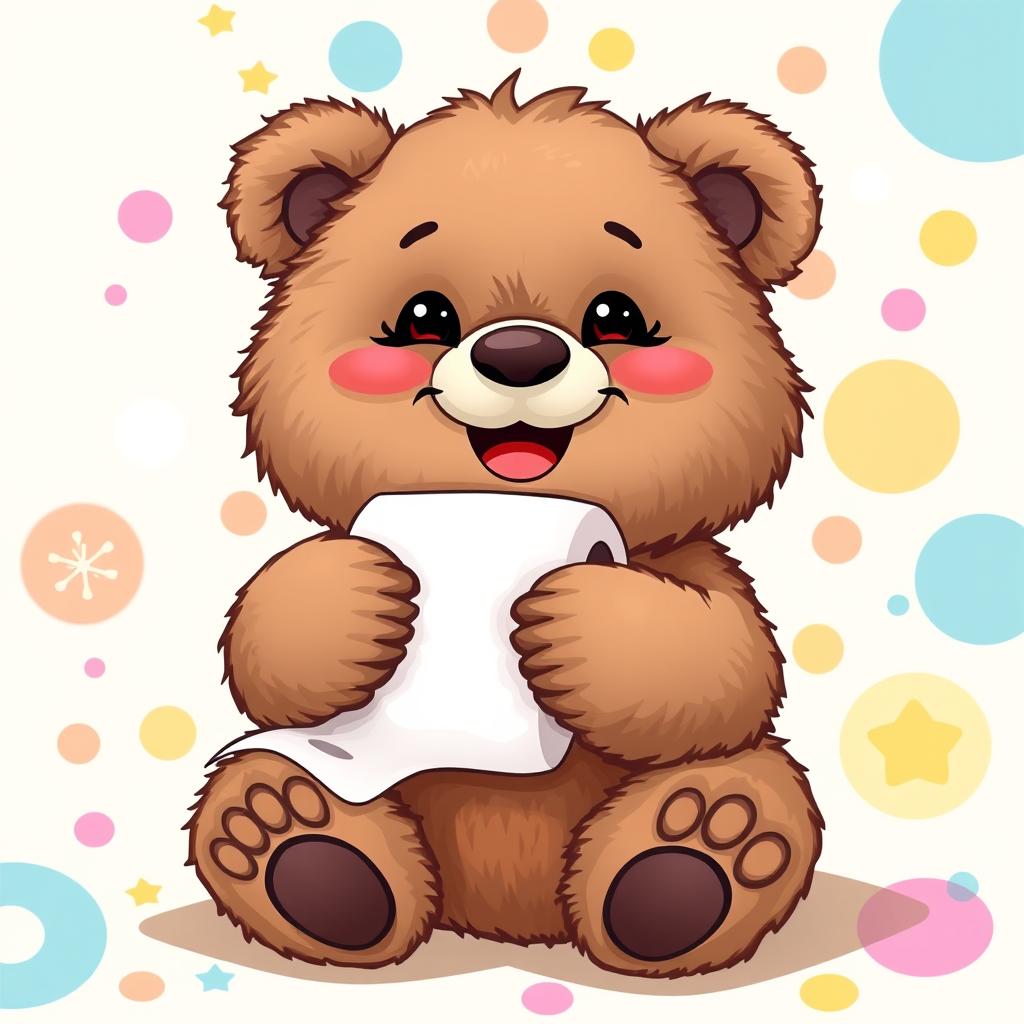 A cute and fluffy bear sitting happily while holding a roll of toilet paper in its paws, with a big smile on its face