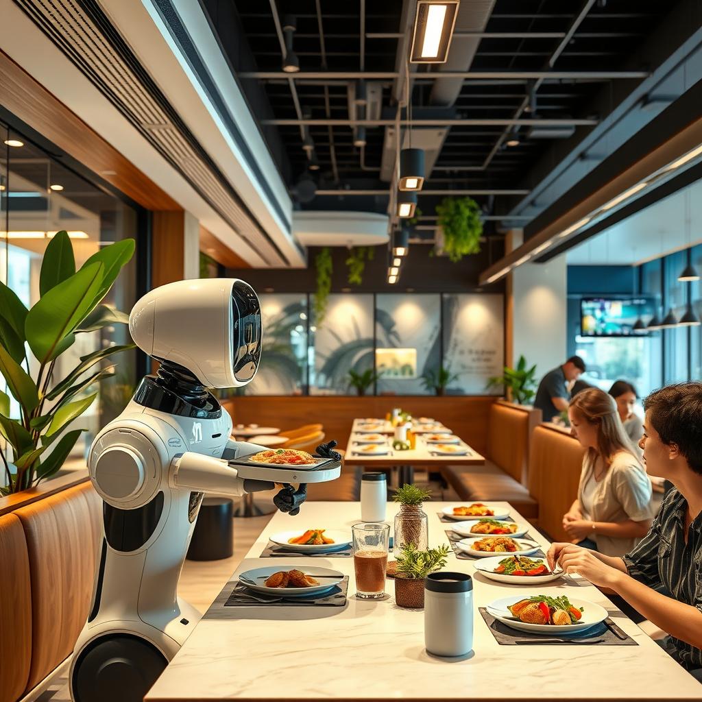 A modern cafe interior featuring sleek, futuristic design elements and a warm ambiance