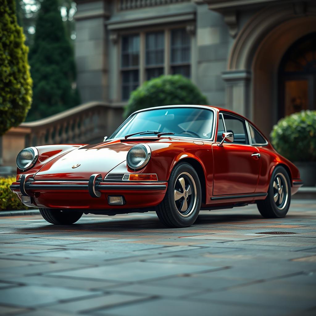 A realistic photograph of a vintage Porsche sports car, showcasing its classic design and elegant lines, set against an opulent backdrop reminiscent of Old Money style