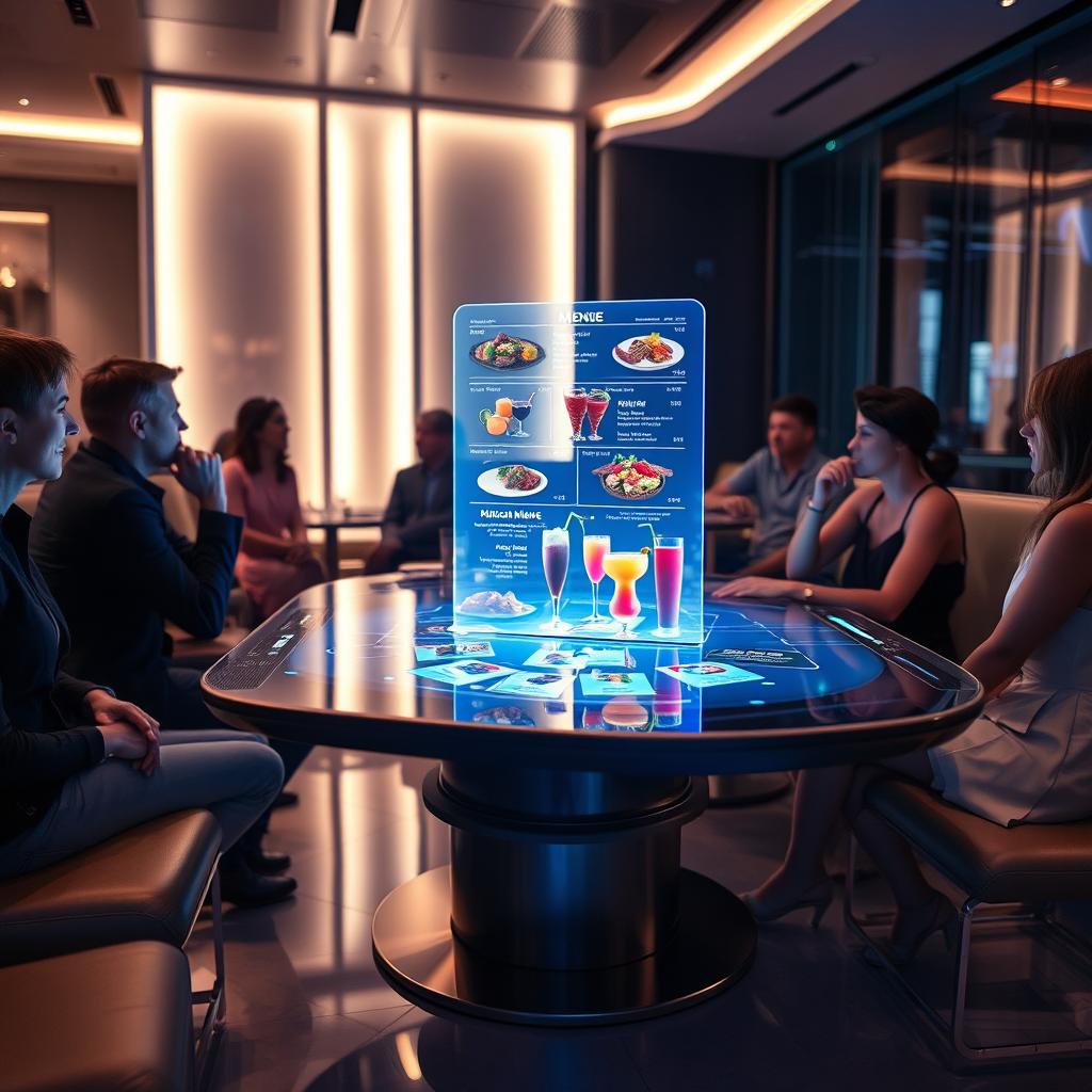 A futuristic restaurant scene featuring a holographic menu projecting from a sleek, modern table