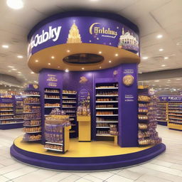 A Cadbury chocolate stand elegantly adorned in Ramadan-inspired motifs in a supermarket. The stand showcases shelves of delectable treats and projects a festive atmosphere with its Islamic-shaped design and Ramadan lanterns, all bathed in a warm light.