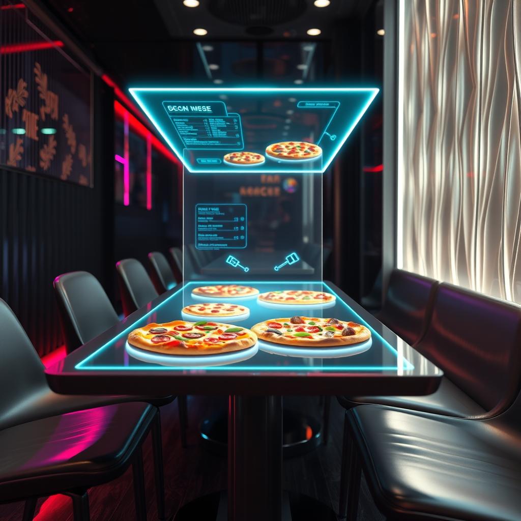 A futuristic restaurant setting featuring a sleek, modern table with a holographic menu displayed above it