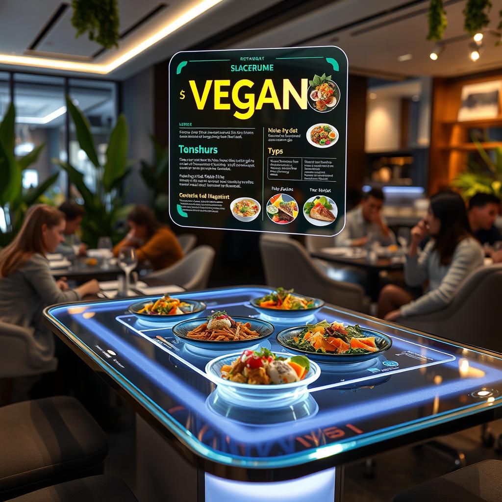A futuristic restaurant scene featuring a high-tech table with a vibrant vegan hologram menu floating above it