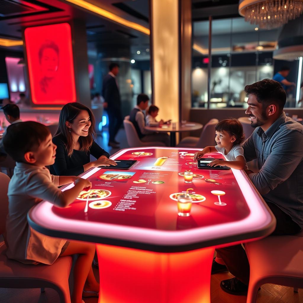 A futuristic restaurant scene featuring a hologram menu projected on a modern dining table