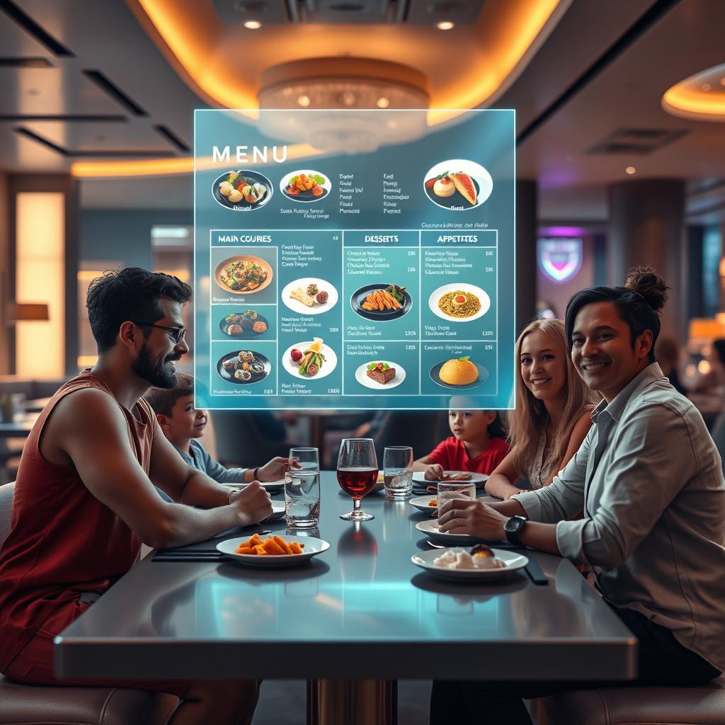 A futuristic scene of a family sitting around a sleek restaurant table with a holographic menu projected above it, displaying colorful and enticing food options