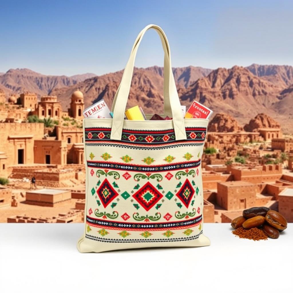 A beautifully designed tote bag featuring traditional Yemeni patterns and motifs, vibrant colors representing the rich culture of Yemen, made from durable canvas, with sturdy handles, placed against a background of a classic Yemeni landscape, showcasing ancient architecture and stunning mountains