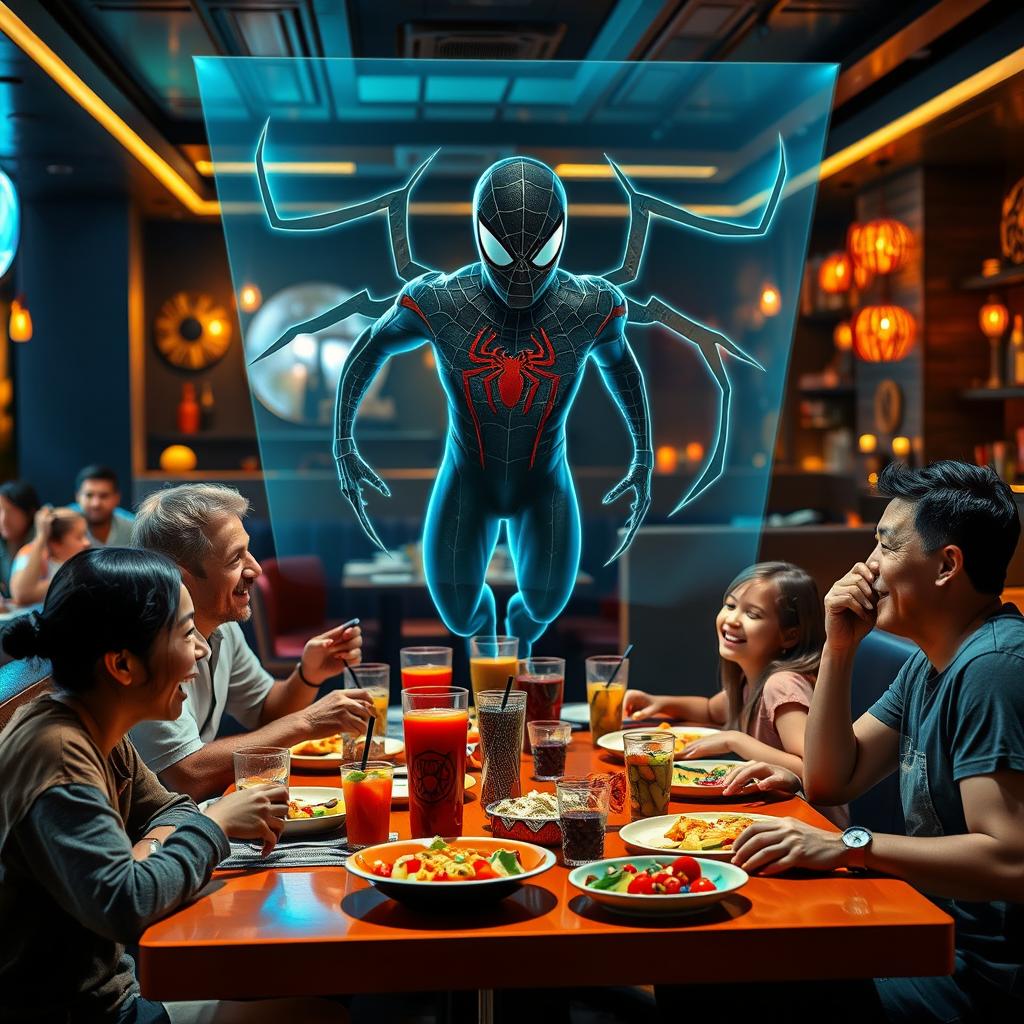 A futuristic scene depicting a holographic version of Spider-Man projected above a vibrant restaurant table