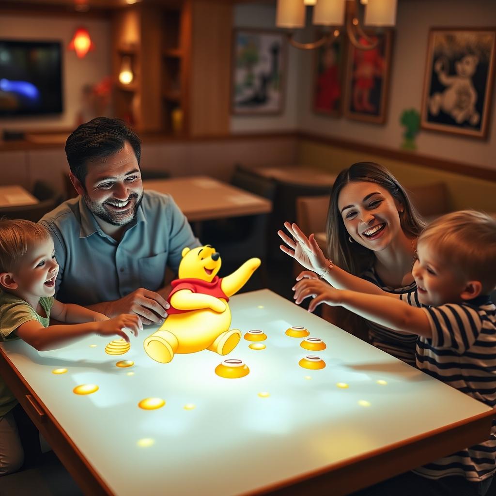 A vibrant scene featuring a hologram of Winnie the Pooh projected on a restaurant table