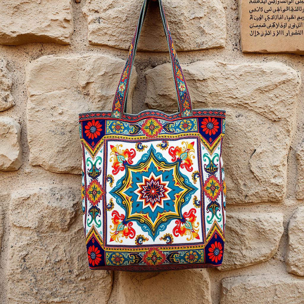 A beautiful and intricate tote bag design featuring traditional Yemeni graphics