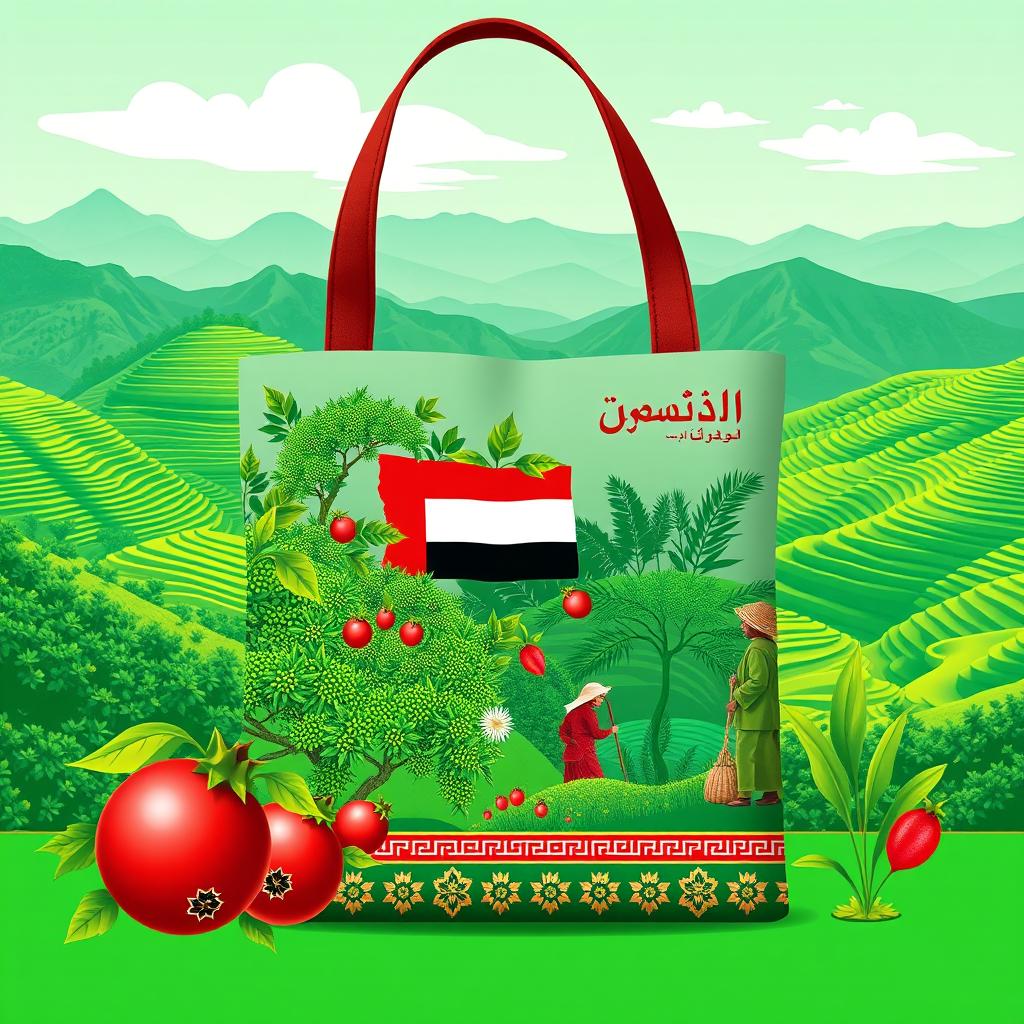 A stylish and vibrant tote bag design featuring the rich agriculture of Yemen