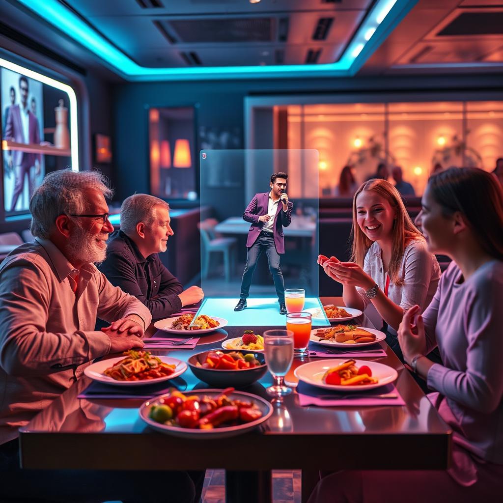 A futuristic scene featuring a hologram of a Latvian singer performing on a restaurant table, with vivid colors and dynamic lighting