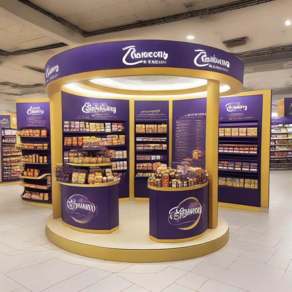 A Cadbury chocolate stand elegantly adorned in Ramadan-inspired motifs in a supermarket. The stand showcases shelves of delectable treats and projects a festive atmosphere with its Islamic-shaped design and Ramadan lanterns, all bathed in a warm light.