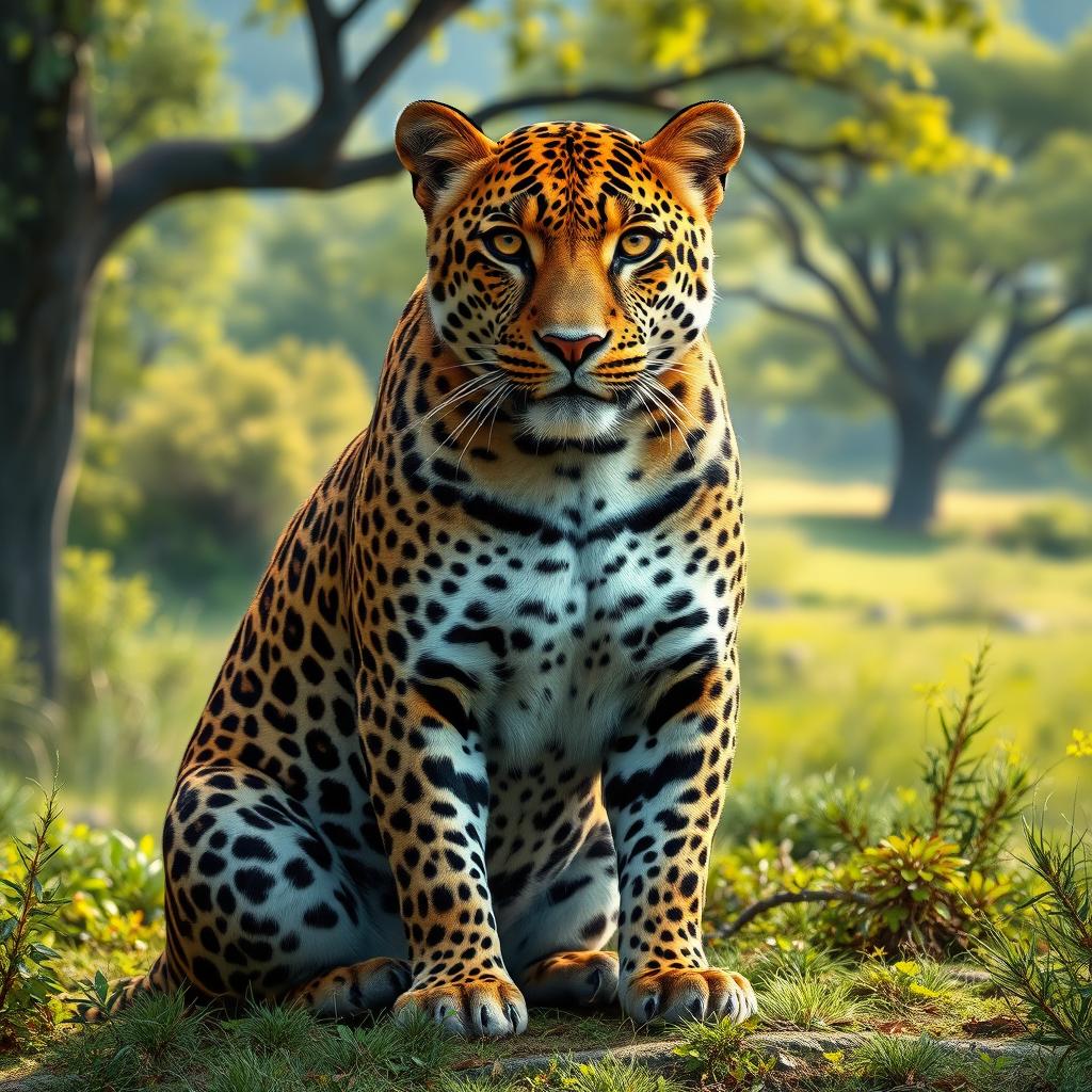 A realistic, high-quality image of a majestic leopard sitting proudly in a lush, natural setting