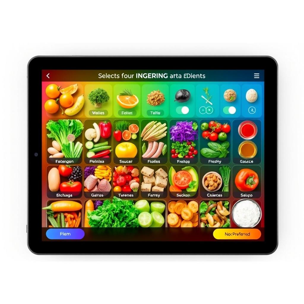 A vibrant and interactive digital menu for a restaurant, showcasing a wide variety of fresh and colorful ingredients that customers can choose from to customize their dishes